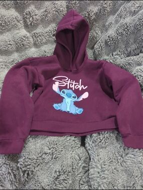 Disney Purple Cropped Hoodie with Blue Stitch Graphic